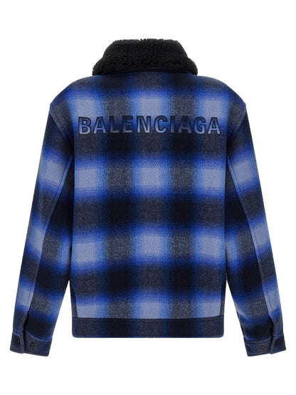 Bomber Jacket by Balenciaga for men in virgin wool black, blue & patterned showcases a bohemian silhouette, artfully detailed with a bohemian and signature for a truly bohemian finish.