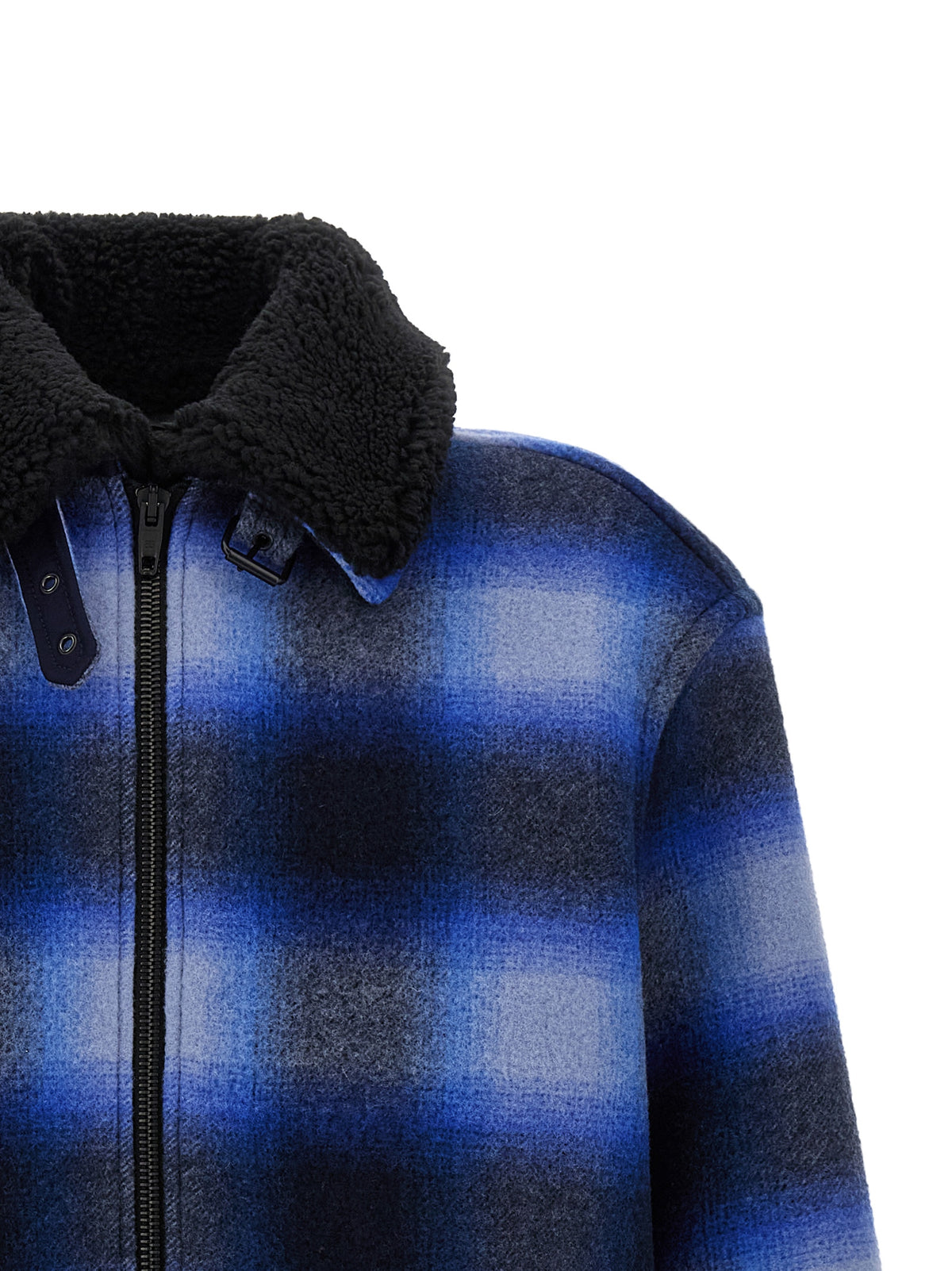 This Bomber Jacket by Balenciaga for men in virgin wool black, blue & patterned exhibits a edgy silhouette, meticulously detailed with functional and a edgy for a edgy finish.