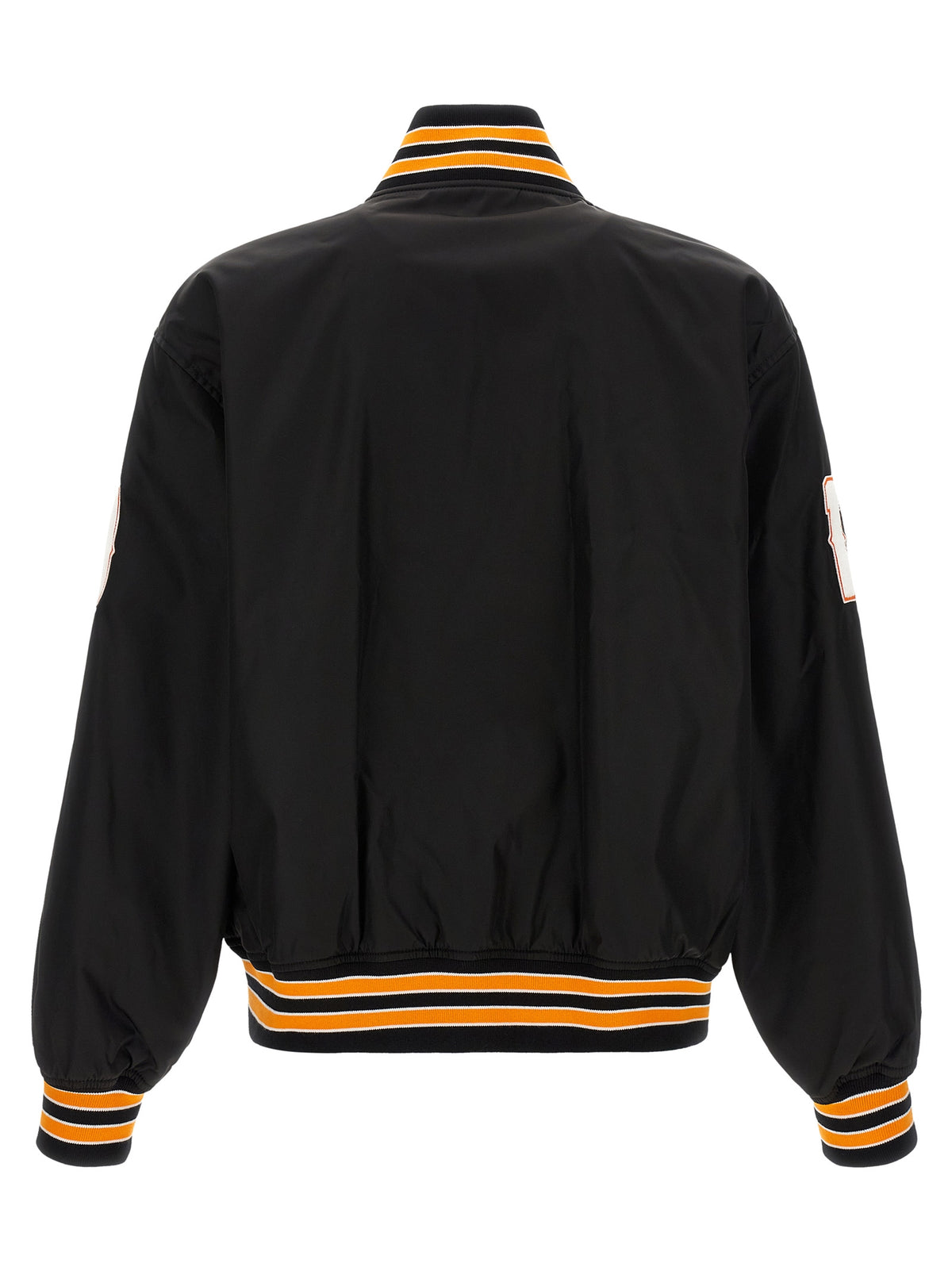 Bomber Jacket by Balenciaga for men in polyamide twill black, orange, white & signature showcases a bohemian silhouette, artfully detailed with a bohemian and signature for a truly bohemian finish.