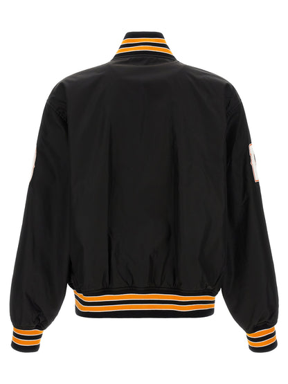 Bomber Jacket by Balenciaga for men in polyamide twill black, orange, white & signature showcases a bohemian silhouette, artfully detailed with a bohemian and signature for a truly bohemian finish.