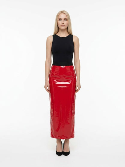 Skirt by Dolce & Gabbana for women in stretch polyester polyurethane red features a contoured silhouette from the Women's Stretch Polyester Polyurethane Long Skirt collection, characterized by its contoured long for a contoured finish.