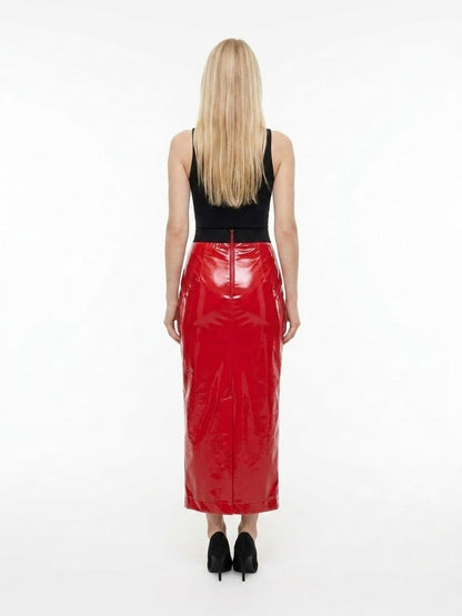 Skirt by Dolce & Gabbana for women in stretch polyester polyurethane red showcases a sultry silhouette, elegantly defined by its long and the sophisticated sultry design of the Women's Stretch Polyester Polyurethane Long Skirt.