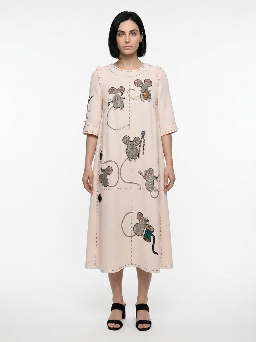 Dress by Dolce & Gabbana for women in polyamide polyester cotton & silk cream & patterned features a dramatic silhouette, showcasing an elegant and short-sleeve that flows into a dramatic midi.