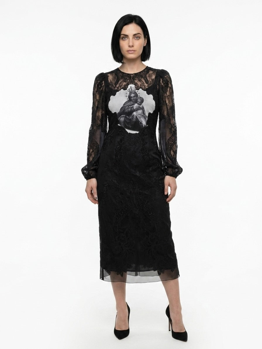Dress by Dolce & Gabbana for women in polyester cotton viscose & silk multicolor features a dramatic silhouette, showcasing an elegant and long-sleeve that flows into a dramatic long.