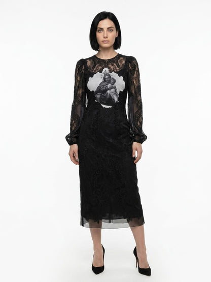 Dress by Dolce & Gabbana for women in polyester cotton viscose & silk multicolor features a dramatic silhouette, showcasing an elegant and long-sleeve that flows into a dramatic long.