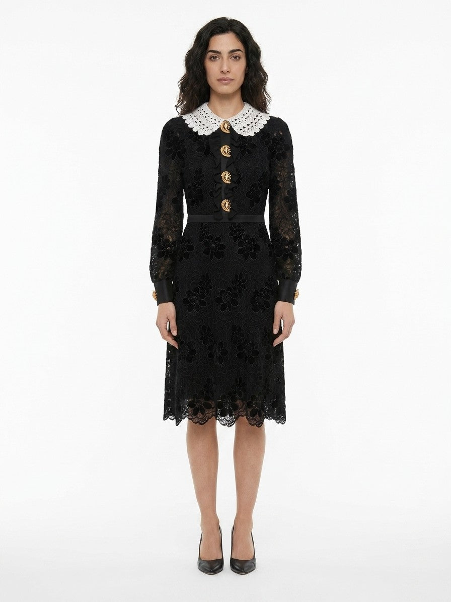 Dress by Dolce & Gabbana for women in polyamide polyester & cotton black & patterned features an eye catching silhouette with a sophisticated , elegant long-sleeve, and a refined midi for a eye catching aesthetic.
