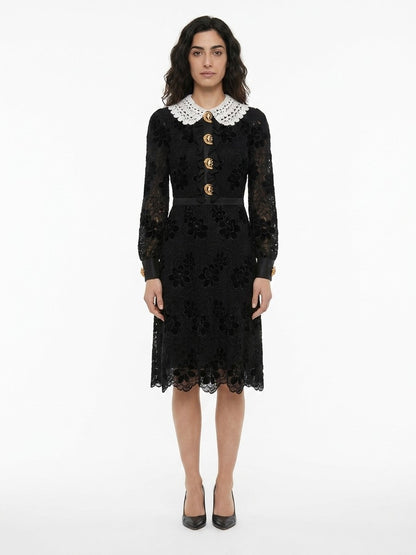 Dress by Dolce & Gabbana for women in polyamide polyester & cotton black & patterned features an eye catching silhouette with a sophisticated , elegant long-sleeve, and a refined midi for a eye catching aesthetic.