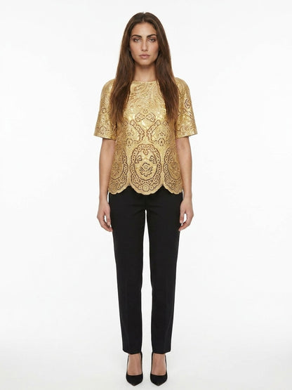 Blouse by Dolce & Gabbana for women in cotton & marabou gold showcases a sleek silhouette, elegantly detailed with a sleek and for a sleek finish.