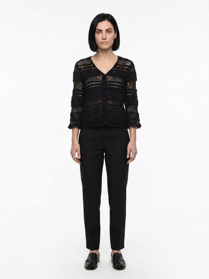 Cardigan by Dolce & Gabbana for women in cotton black features a dramatic silhouette, showcasing a sophisticated and dramatic detail for a timeless, premium look.