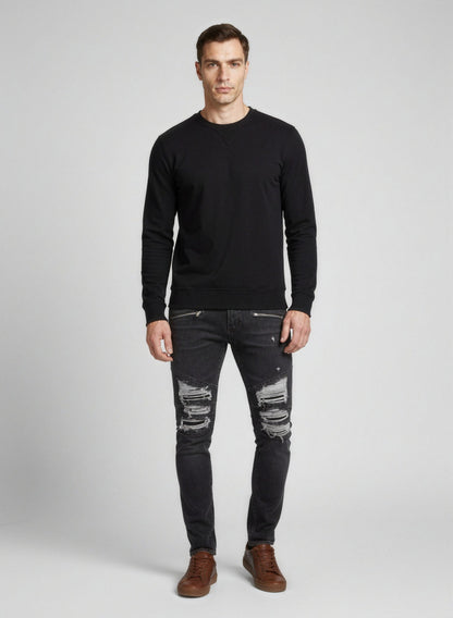 Jeans by Balmain for men in stretch denim cotton black features a polished silhouette with a polished slim, reaching a polished long and finished with a polished .