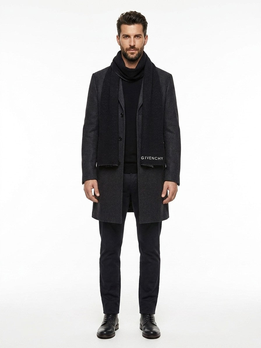 Scarf by Givenchy for men in virgin wool & silk bicolour showcases a warm silhouette from the Virgin Wool & Silk Wrap Scarf collection, offering a warm drape that exudes sophisticated luxury.
