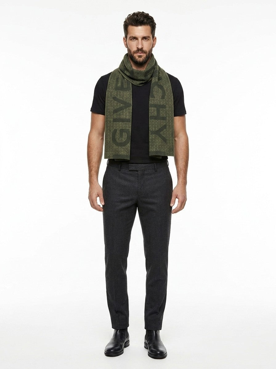 Scarf by Givenchy for men in virgin wool & silk green features a timeless silhouette, artfully capturing the essence of the timeless Virgin Wool & Silk Scarf design for a sophisticated look.
