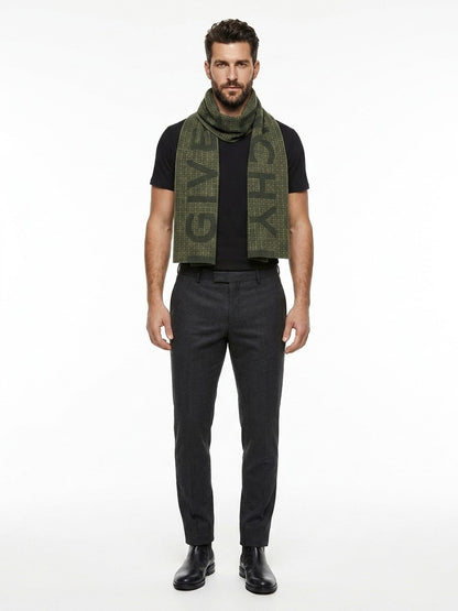 Scarf by Givenchy for men in virgin wool & silk green features a timeless silhouette, artfully capturing the essence of the timeless Virgin Wool & Silk Scarf design for a sophisticated look.
