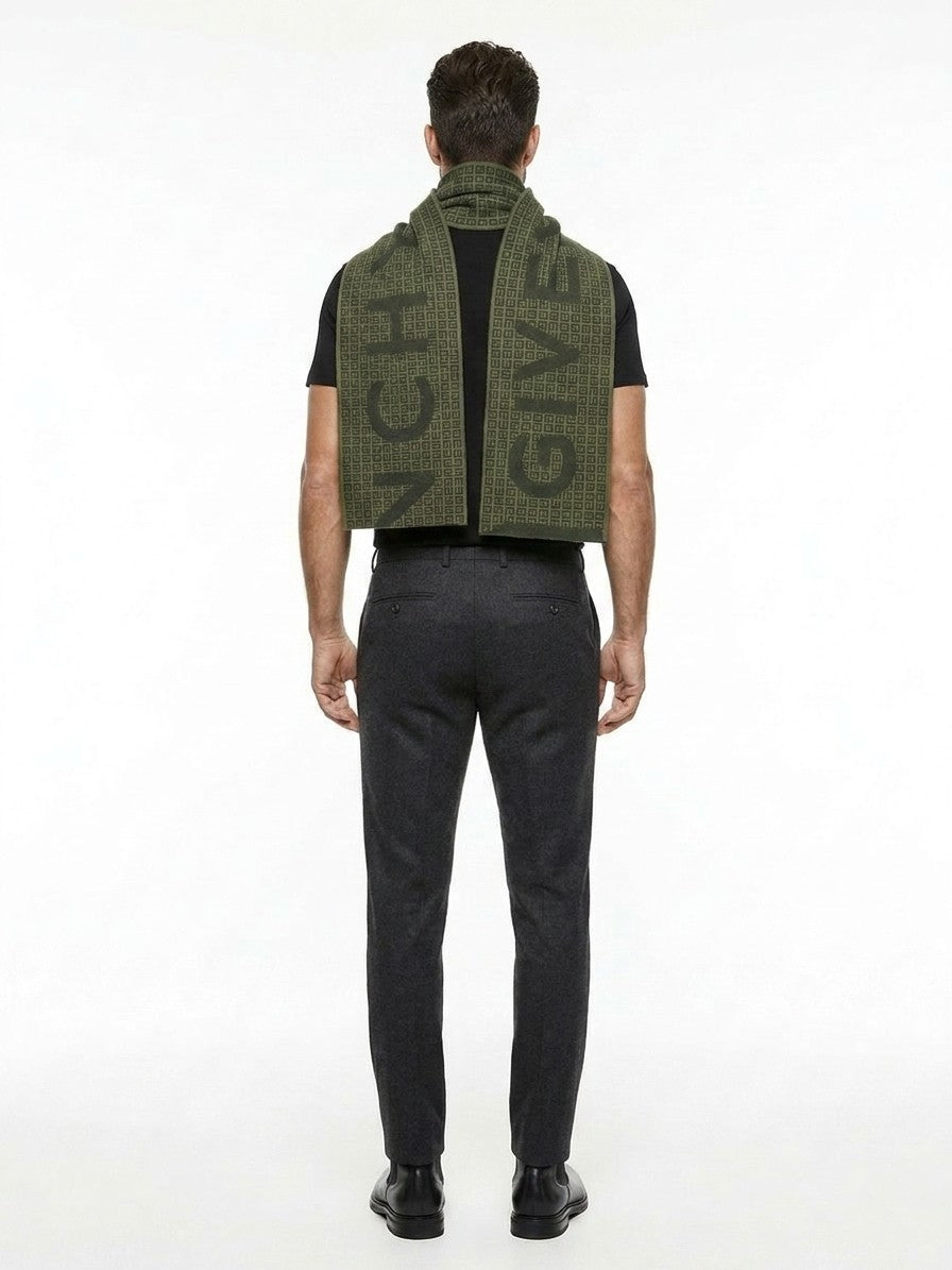 Scarf by Givenchy for men in virgin wool & silk green showcases a eye catching silhouette, artfully capturing the essence of the eye catching Virgin Wool & Silk Scarf design for a sophisticated look.