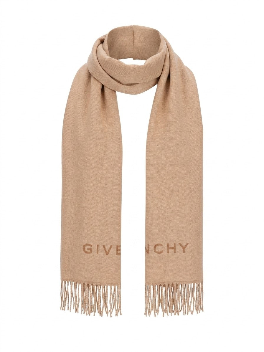 Scarf by Givenchy for men in virgin wool beige showcases a warm silhouette from the Grace Virgin Wool Scarf collection, offering a warm drape that exudes sophisticated luxury.