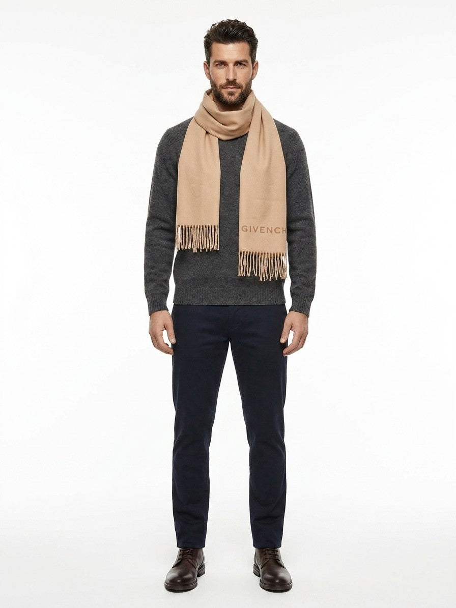 Scarf by Givenchy for men in virgin wool beige features a timeless silhouette, artfully capturing the essence of the timeless Grace Virgin Wool Scarf design for a sophisticated look.