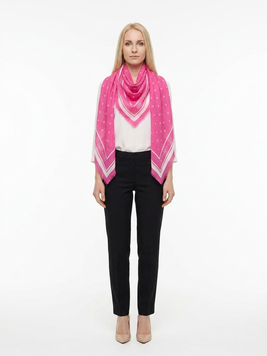 Scarf by Givenchy for women in cashmere silk bicolour presents a effortlessly chic silhouette, artfully capturing the essence of the effortlessly chic Cashmere Silk Square Scarf design for a sophisticated look.