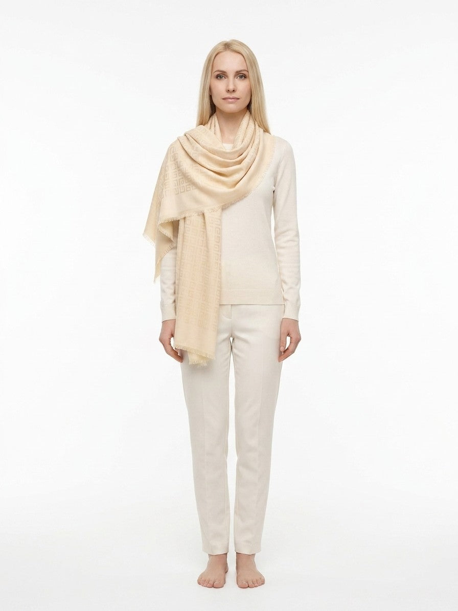 Scarf by Givenchy for women in wool & silk beige features a snug silhouette, perfectly showcasing the elegant drape and premium finish of the The Blend Wool & Silk Square Scarf.