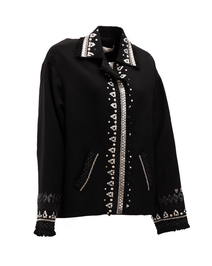 Jacket by Valentino Garavani for women in silk crepe & virgin wool black & silver presents a authentic silhouette, artfully detailed with a authentic and functional pockets for a premium authentic finish.