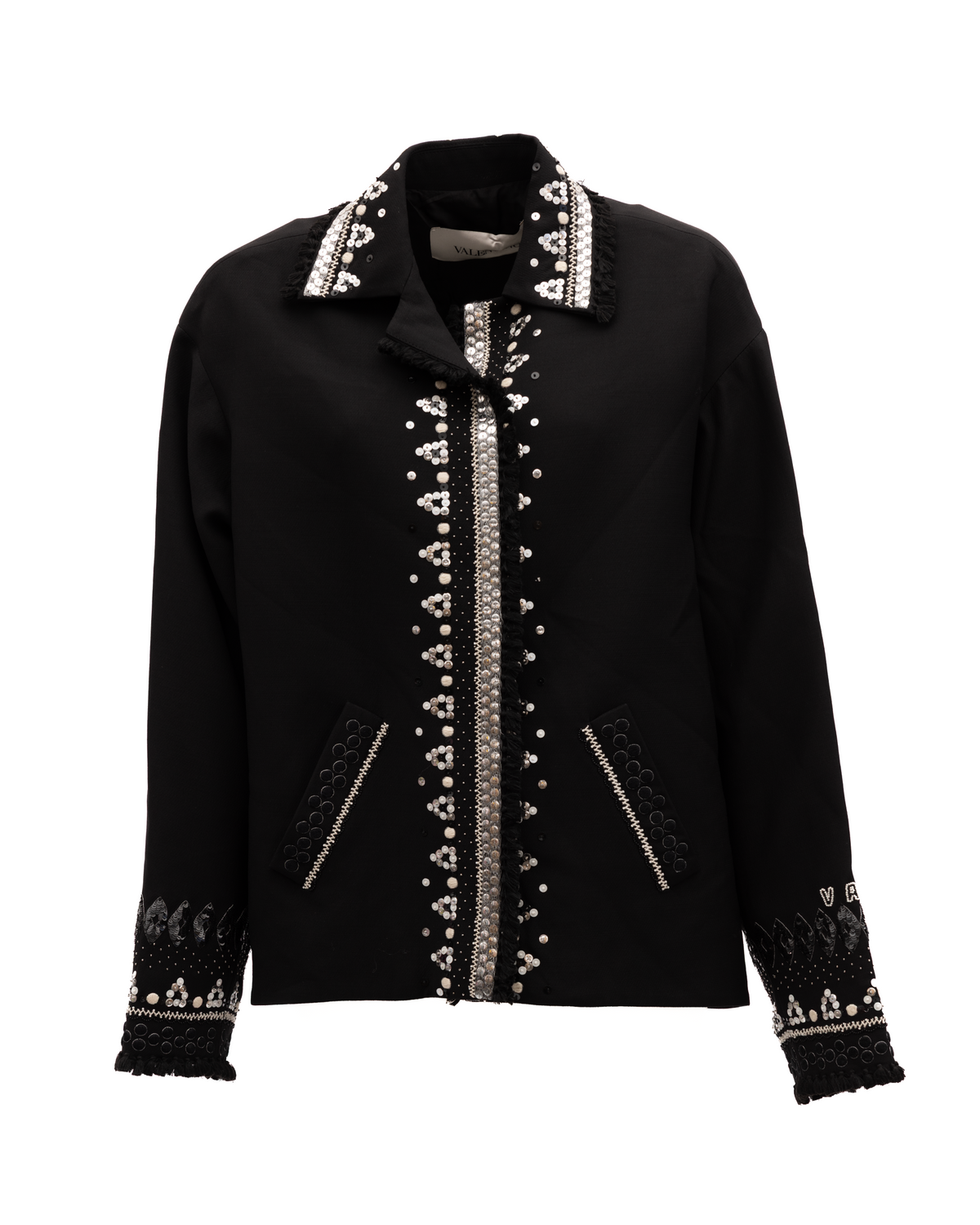Jacket by Valentino Garavani for women in silk crepe & virgin wool black & silver showcases a contemporary silhouette, detailed with a contemporary and premium pockets for a sophisticated finish.