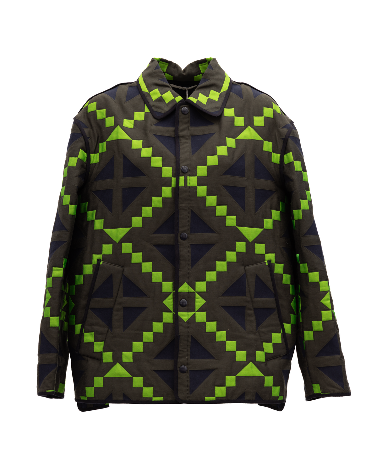 Jacket by Valentino Garavani for women in cotton tweed & cupro dark-blue, green & olive features an utilitarian silhouette with a refined , showcasing sophisticated for an utilitarian aesthetic.