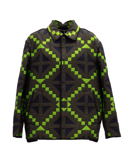 Jacket by Valentino Garavani for women in cotton tweed & cupro dark-blue, green & olive features an utilitarian silhouette with a refined , showcasing sophisticated for an utilitarian aesthetic.