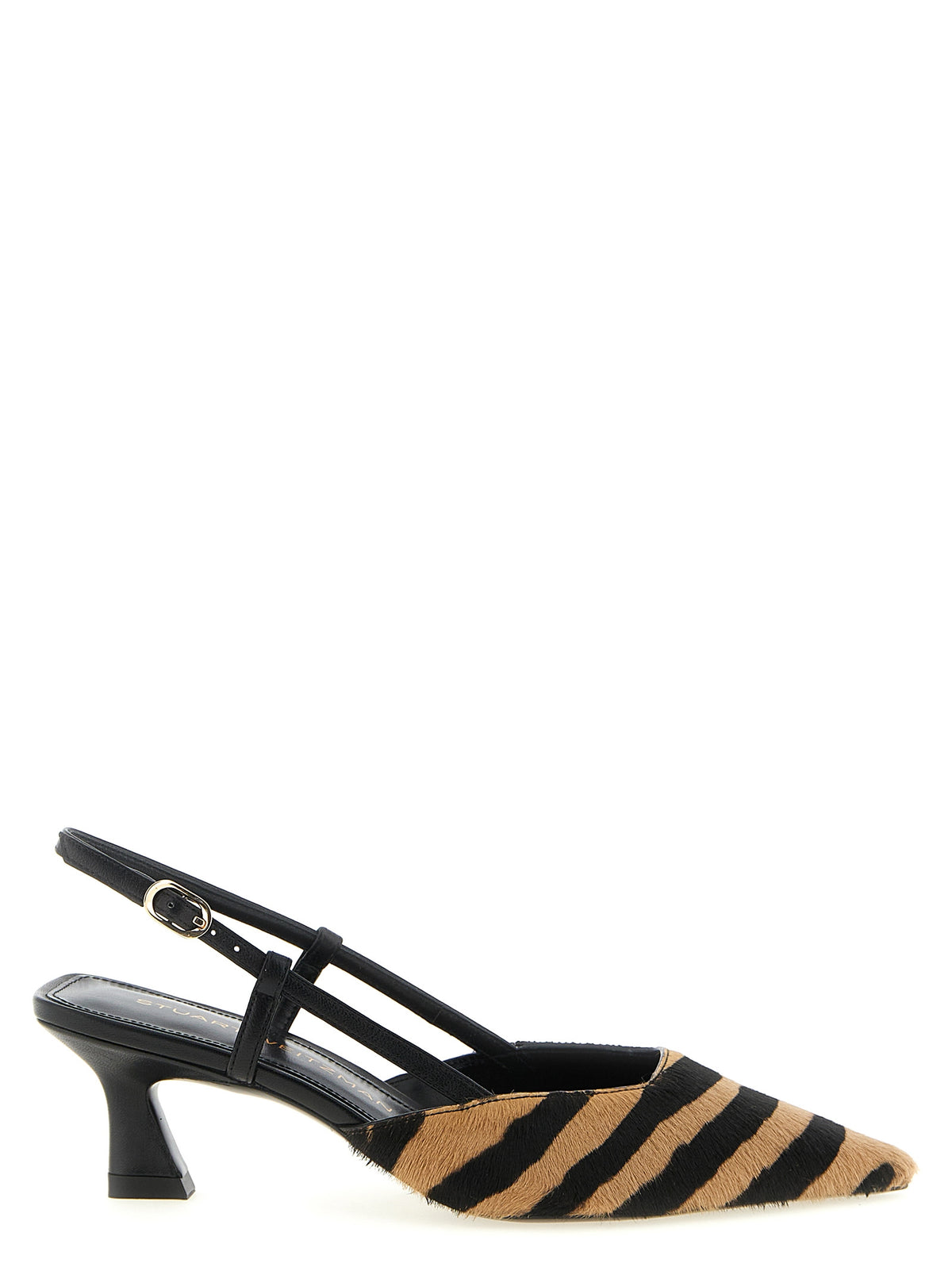 Mid-Heel Slingback Pumps Heels by Stuart Weitzman for women in calfskin & lamb leather black, camel, multicolor & zebra features an captivating silhouette, showcasing the elegant Pony Women's Calfskin & Lamb Leather Mid-Heel Slingback Pumps Heels design with a mid-heel and a sophisticated pointed toe style.