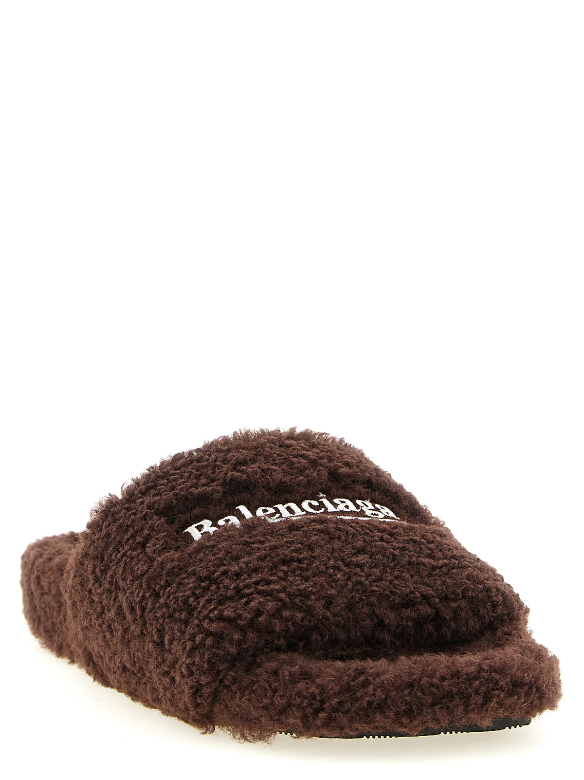 Sliders Sandals Flat Shoes by Balenciaga for women in plush polyester & rubber brown features an captivating silhouette, showcasing the captivating style of the Women's Plush Polyester & Rubber Sliders Sandals Flat Shoes with its distinct and refined .