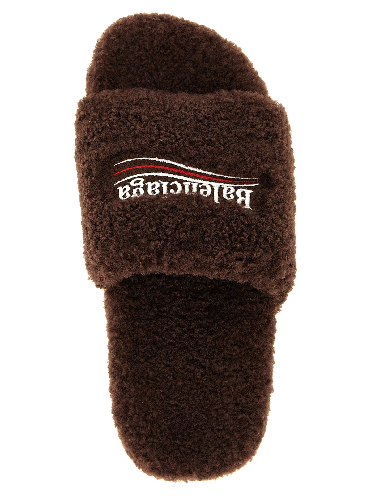 Sliders Sandals Flat Shoes by Balenciaga for women in plush polyester & rubber brown showcases a dynamic silhouette, artfully capturing Women's Plush Polyester & Rubber Sliders Sandals Flat Shoes through its distinctive and elegant .