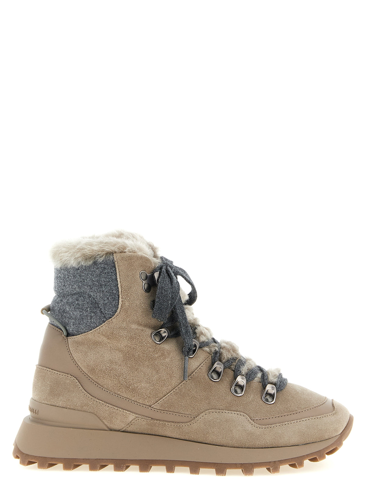 Flat Lace-Up Ankle Strap Winter Boots by Brunello Cucinelli for women in suede calf leather felt & rubber beige & gray features an high-performance silhouette, showcasing the sophisticated design of the Women's Suede Calf Leather Felt & Rubber Flat Lace-Up Ankle Strap Winter Boots with a flat and a refined .