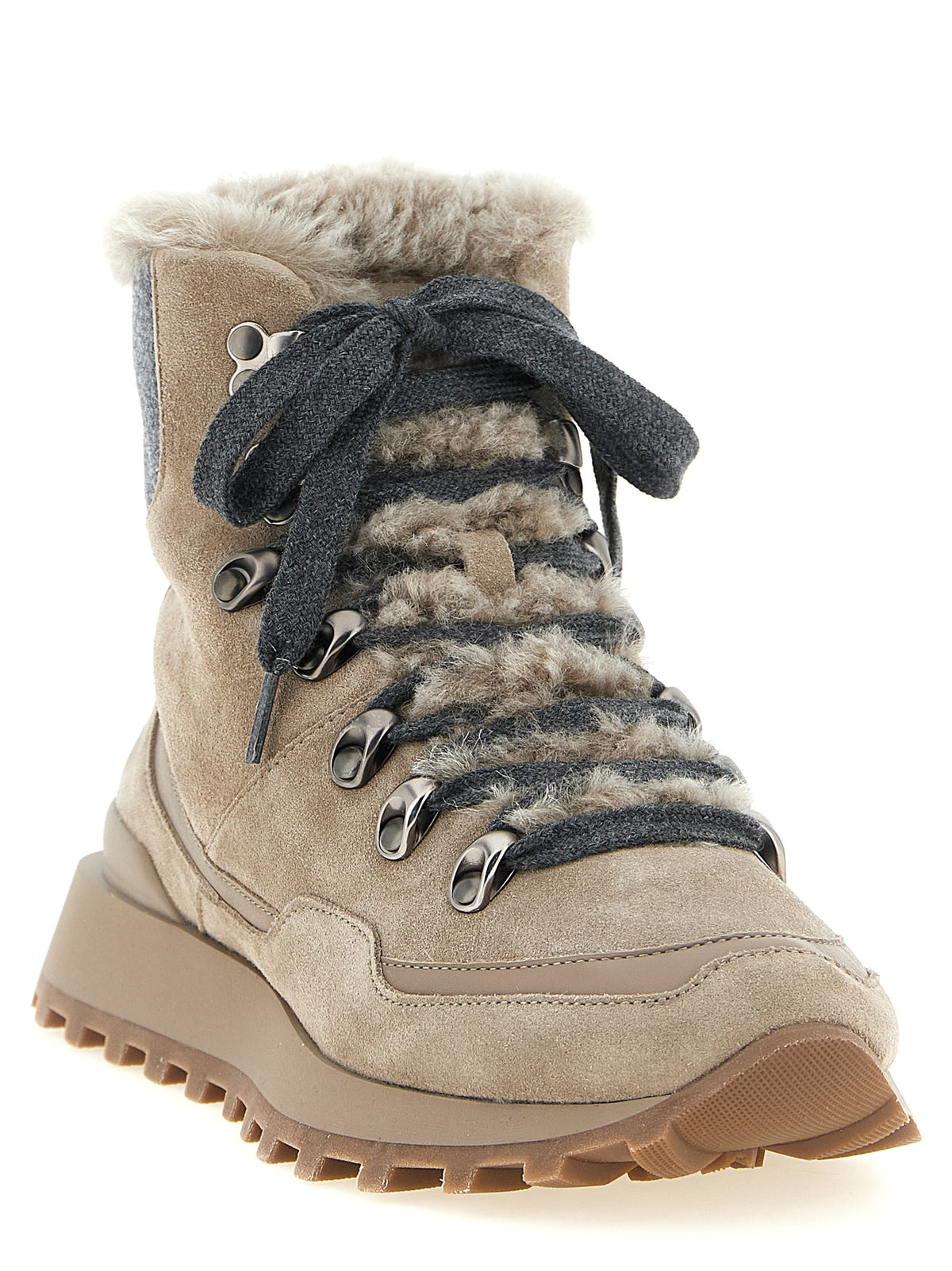Flat Lace-Up Ankle Strap Winter Boots by Brunello Cucinelli for women in suede calf leather felt & rubber beige & gray features an dynamic silhouette, showcasing the dynamic Women's Suede Calf Leather Felt & Rubber Flat Lace-Up Ankle Strap Winter Boots design with its distinctive flat and elegant .