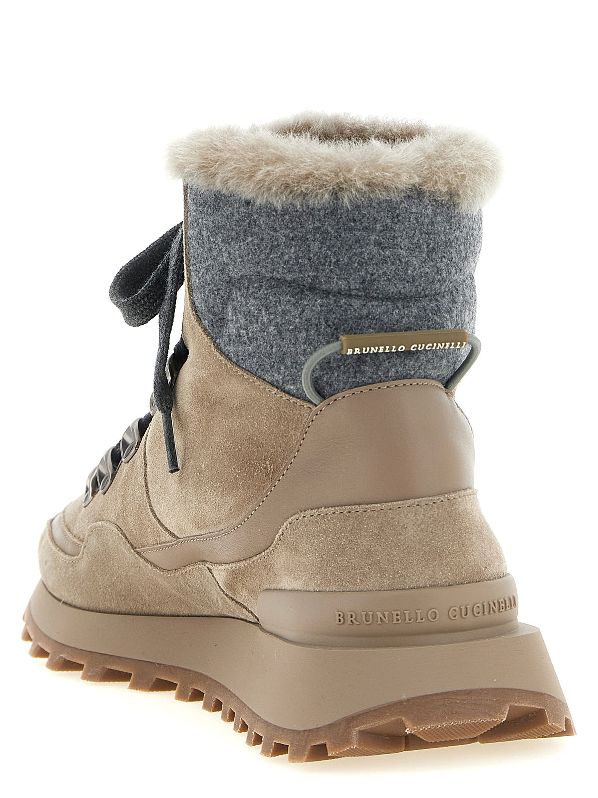 Flat Lace-Up Ankle Strap Winter Boots by Brunello Cucinelli for women in suede calf leather felt & rubber beige & gray features an effortless chic silhouette from the Women's Suede Calf Leather Felt & Rubber Flat Lace-Up Ankle Strap Winter Boots collection, showcasing a effortless chic flat and refined for an effortless chic look.