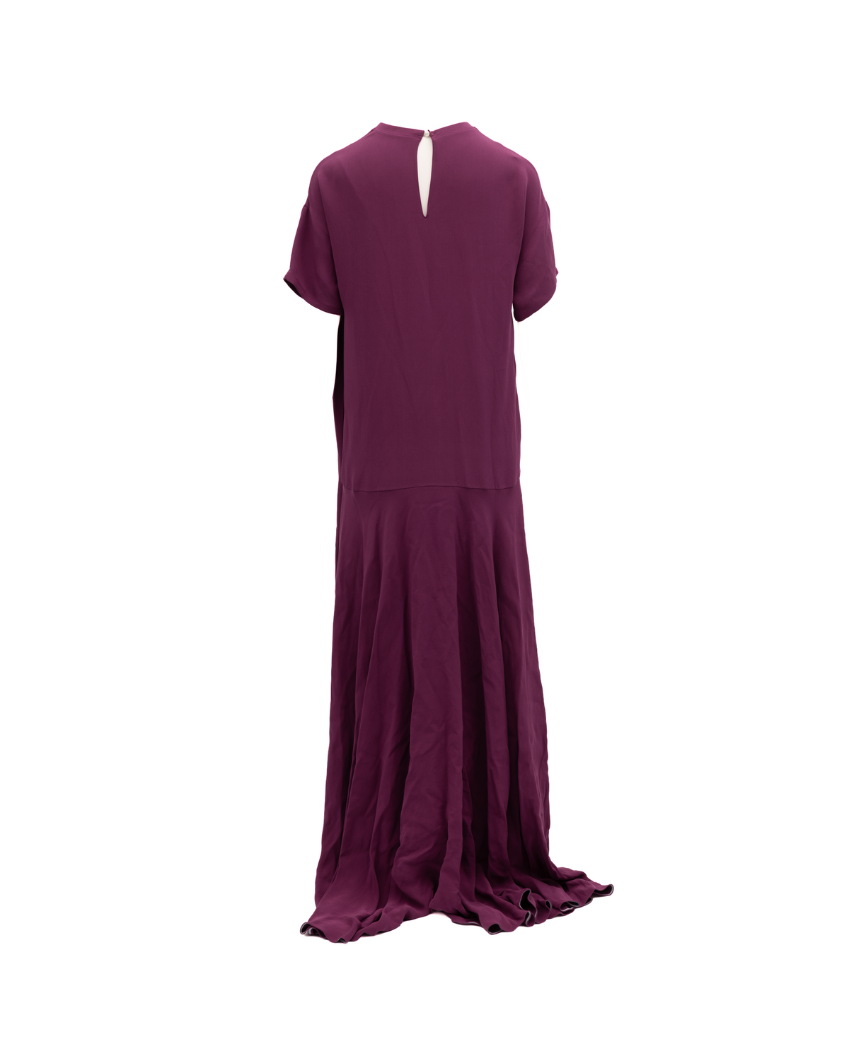 Dress by Valentino Garavani for women in silk burgundy features an eye catching silhouette with a sophisticated keyhole neckline, elegant short-sleeve, and a refined maxi short long for a eye catching aesthetic.