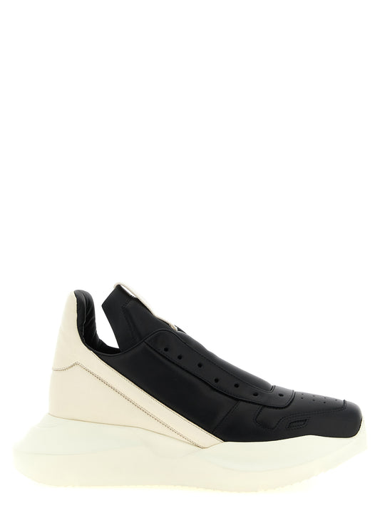 Sneakers by Rick Owens for men in calfskin leather bicolour, black & white presents a sumptuous silhouette, artfully capturing the essence of the Men's Slip On Chunky Calfskin Leather Sneakers with its sumptuous slip-on chunky style design.