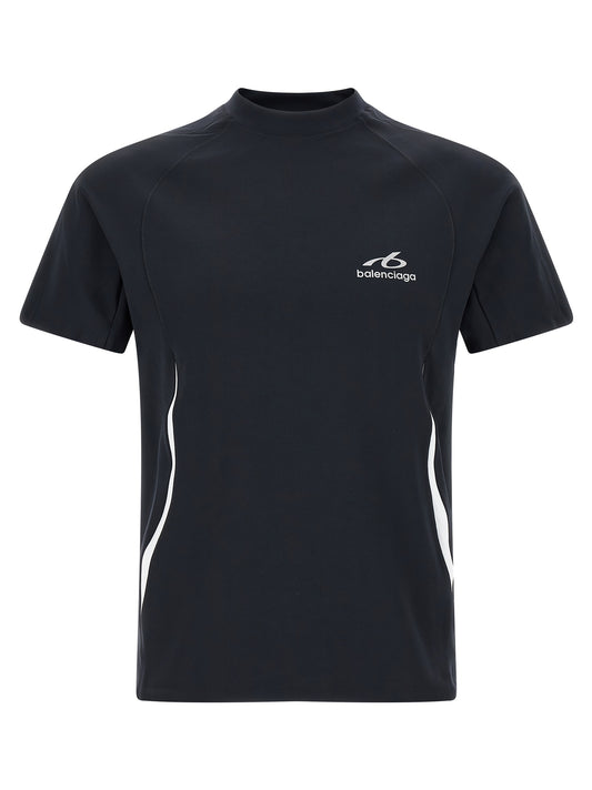 T-Shirt by Balenciaga for men in stretch polyamide navy showcases a fashionable silhouette, elegantly detailed with a fashionable and mock neckline for a sophisticated, high-fashion look.