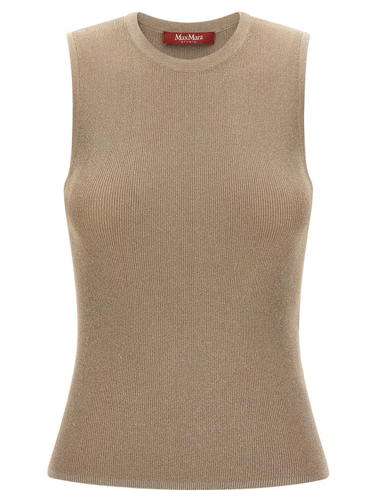 T-Shirt by Max Mara for women in polyamide beige & sand showcases a fashionable silhouette, elegantly detailed with a fashionable sleeveless and round neckline for a sophisticated, high-fashion look.