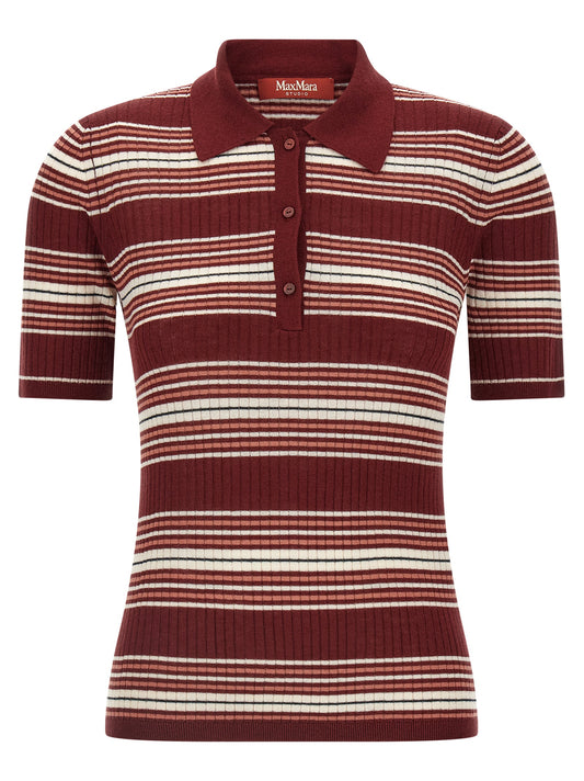 Polo Shirt by Max Mara for women in wool & silk black, bordeaux, burgundy, pink, white & striped showcases a sharp silhouette, detailed with a refined and sharp short-sleeve for a sophisticated finish.