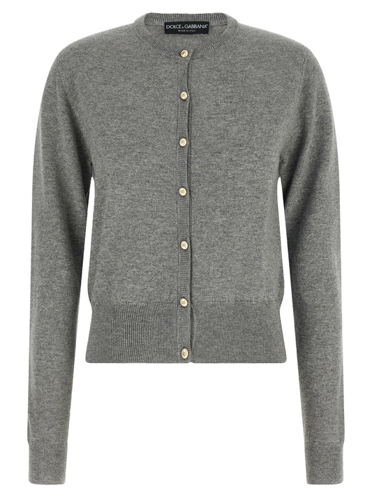 Cardigan by Dolce & Gabbana for women in cashmere gray & gold showcases a luxurious silhouette, meticulously detailed with a sophisticated and for a refined finish.