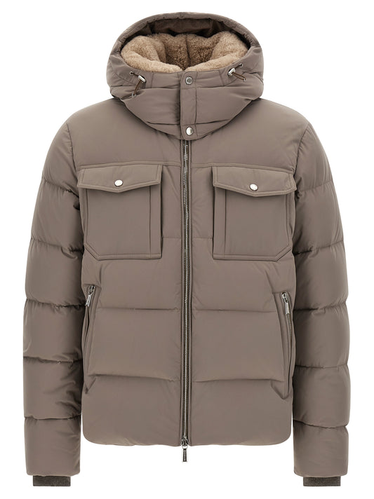 Bomber Jacket by MooRER for men in cashmere goose down & wool gray & silver features a dramatic silhouette, showcasing a sophisticated and distinctive pockets & insulated for a dramatic aesthetic.