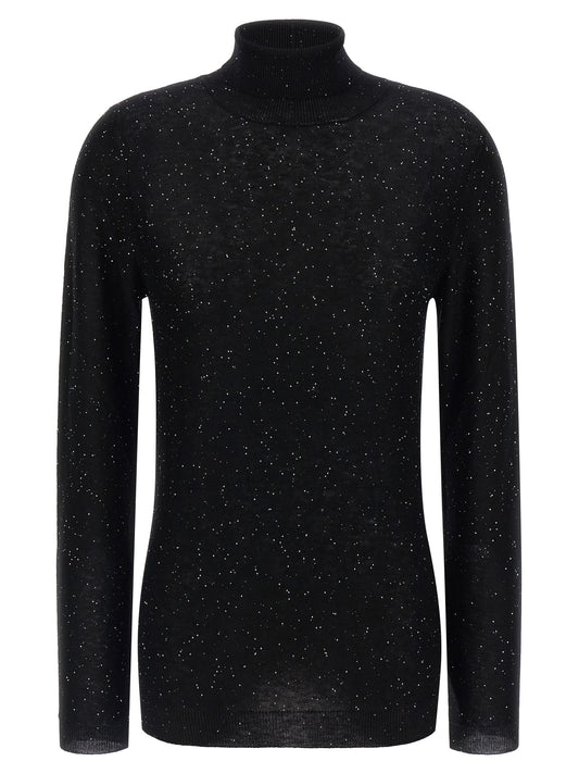 Cardigan by Fabiana Filippi for women in wool & sequins black features a dramatic silhouette, showcasing a sophisticated turtle high-neck neckline and dramatic long-sleeve detail for a timeless, premium look.