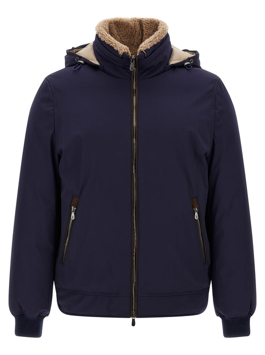 Hooded Overcoat by Brunello Cucinelli for men in polyamide suede leather & metal navy showcases a architectural silhouette, artfully detailed with a distinctive hooded high-neck neckline and functional hooded & insulated for a architectural finish.