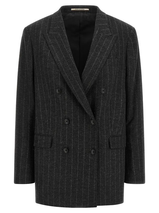Blazer by Tagliatore for women in polyamide polyester viscose & wool dark-gray, gray, patterned & pinstripe features an sartorial silhouette, showcasing a sophisticated and sartorial for a truly sartorial finish.
