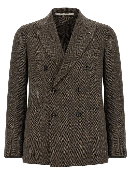 Blazer by Tagliatore for men in cotton linen & virgin wool brown, patterned & chevron showcases a discerning silhouette, elegantly detailed with a sophisticated and premium for a truly discerning finish.