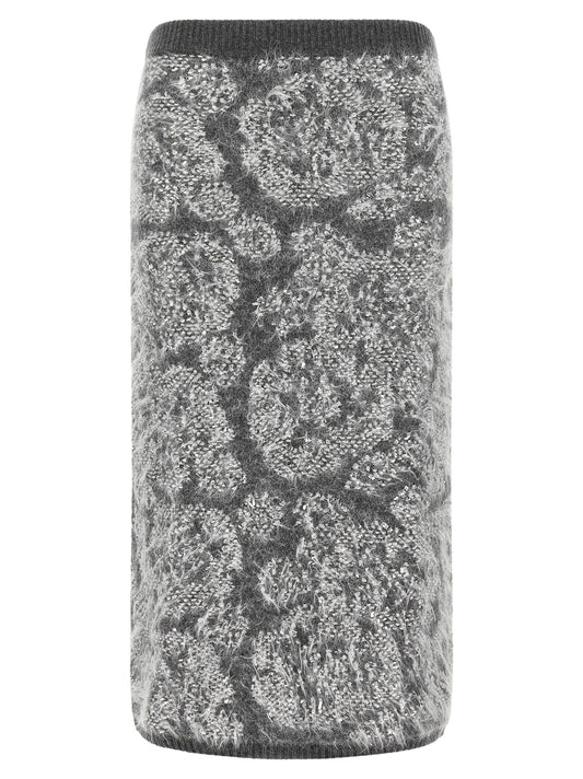 Skirt by NUDE for women in polyamide polyester & wool gray, nude & jacquard showcases a sultry silhouette, elegantly defined by its midi and the sophisticated sultry design of the Women's Straight Polyamide Polyester & Wool Midi Skirt.