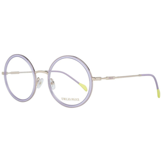 Eyeglasses Frames by Emilio Pucci for women in purple showcases a reflective silhouette, artfully incorporating a sophisticated gold coloured frame with a distinct full-frame frame design.