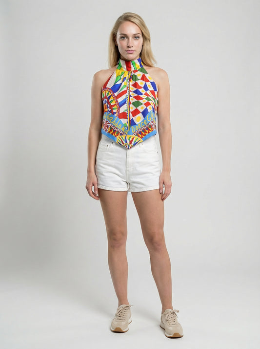 T-Shirt by Dolce & Gabbana for women in silk multicolor showcases a dramatic silhouette, elegantly detailed with a dramatic and sleeveless for a truly dramatic finish.