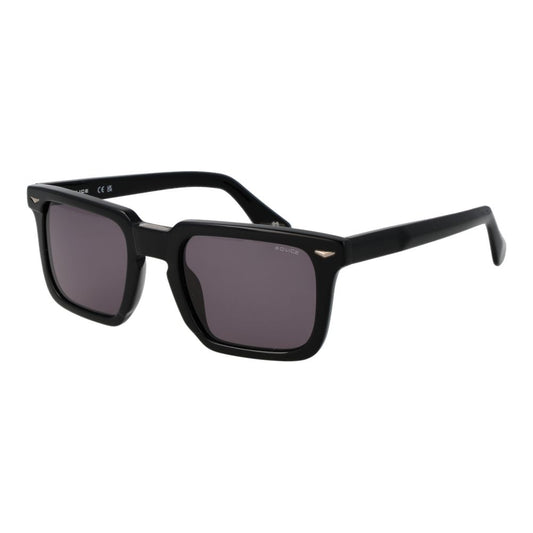 Sunglasses by Police for men in cellulose acetate black features a contemporary silhouette, showcasing a contemporary full-rim square frame design in black coloured frame with high-performance non-polarized category-3-dark-tint lens.