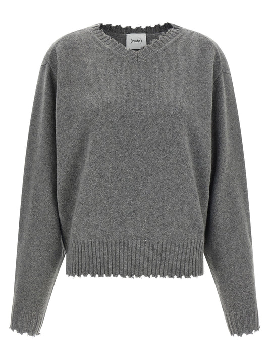Cardigan by NUDE for women in cashmere gray & nude showcases a luxurious silhouette, meticulously detailed with a sophisticated v-neck neckline and for a refined finish.