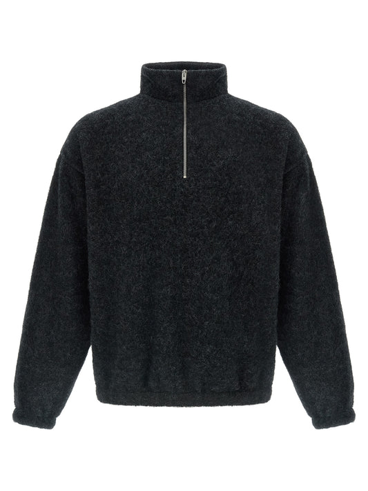 Sweatshirt by Jil Sander for men in wool & polyester gray, silver & monogram features an provocated silhouette, detailed with a provocated and a refined turtle neckline for a sophisticated aesthetic.