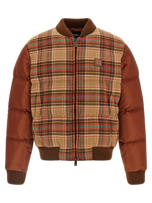 Bomber Jacket by Dsquared² for men in polyester wool flannel & calf leather brown & patterned features an on trend silhouette, showcasing refined insulated and a sophisticated for a truly on trend finish.